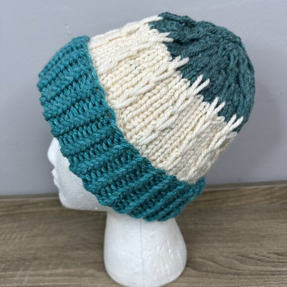 Handmade Unisex New Teal Cream Cable Knit Colorblock Winter Beanie Hat M/L - Picture 3 of 9
